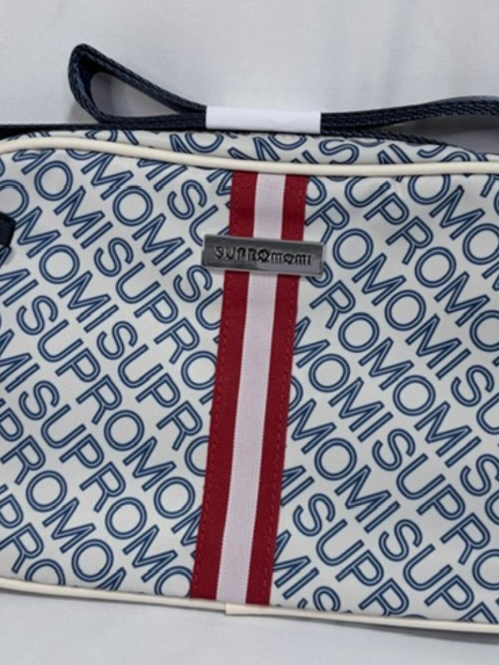 NWT SUPROMOMI Crossbody Bag Beige Blue Monogram Web Stripe Camera Bag